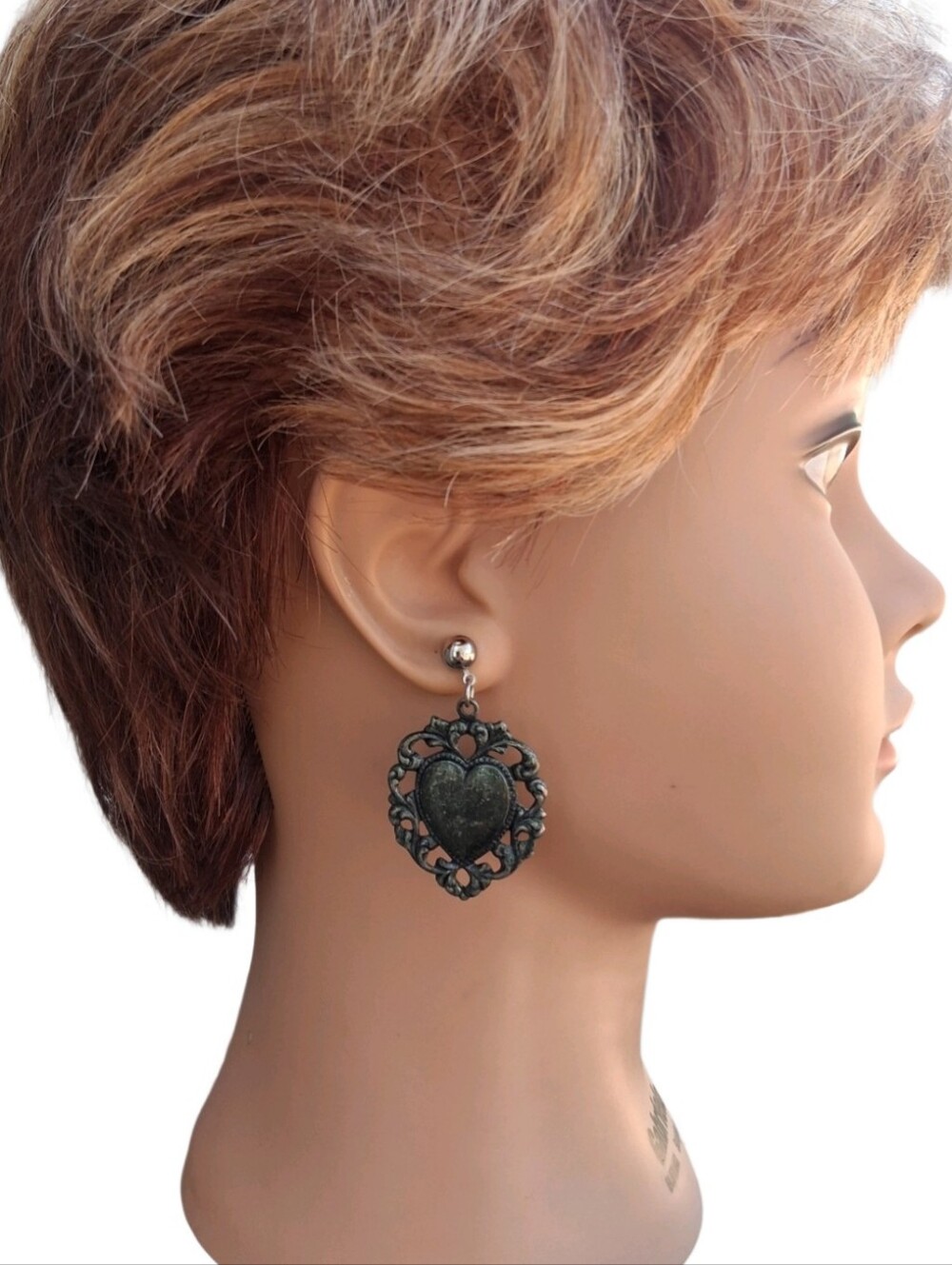 Vintage Gothic Antiqued Silver Heart Drop Earrings | Filigree Sacred Heart